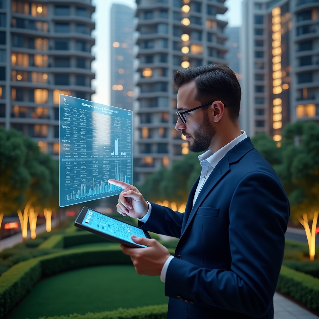 (Ultra-realistic condominium manager in a navy blue suit, set in a modern luxury condominium environment with high-rise buildings and manicured green landscaping, confidently reviewing a holographic chart of extraordinary expenses projected above a tablet, pointing at budget approval data, cinematic lighting, shallow depth of field, highly detailed textures, realistic skin, photographic realism, 8k resolution --ar 1:1 --v 6)