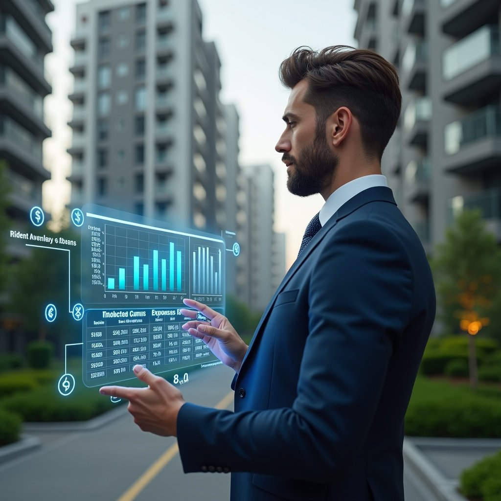 Ultra-realistic condominium manager in a navy executive suit, set in a modern luxury condominium environment with high-rise buildings and manicured green landscaping, reviewing a holographic ledger display of monthly expenses and reserve fund graphs, thoughtful and confident expression, floating financial icons around him, cinematic lighting, shallow depth of field, highly detailed textures, realistic skin, photographic realism, 8k resolution --ar 1:1 --v 6