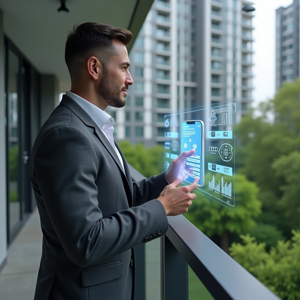 Ultra-realistic condominium manager in a charcoal grey tailored suit, set in a modern luxury condominium environment with high-rise buildings and manicured green landscaping, confidently interacting with a floating holographic panel of digital invoices and payment charts, a translucent hologram of a smartphone displaying automated billing workflows beside them, cinematic lighting, shallow depth of field, highly detailed textures, realistic skin, photographic realism, 8k resolution --ar 1:1 --v 6