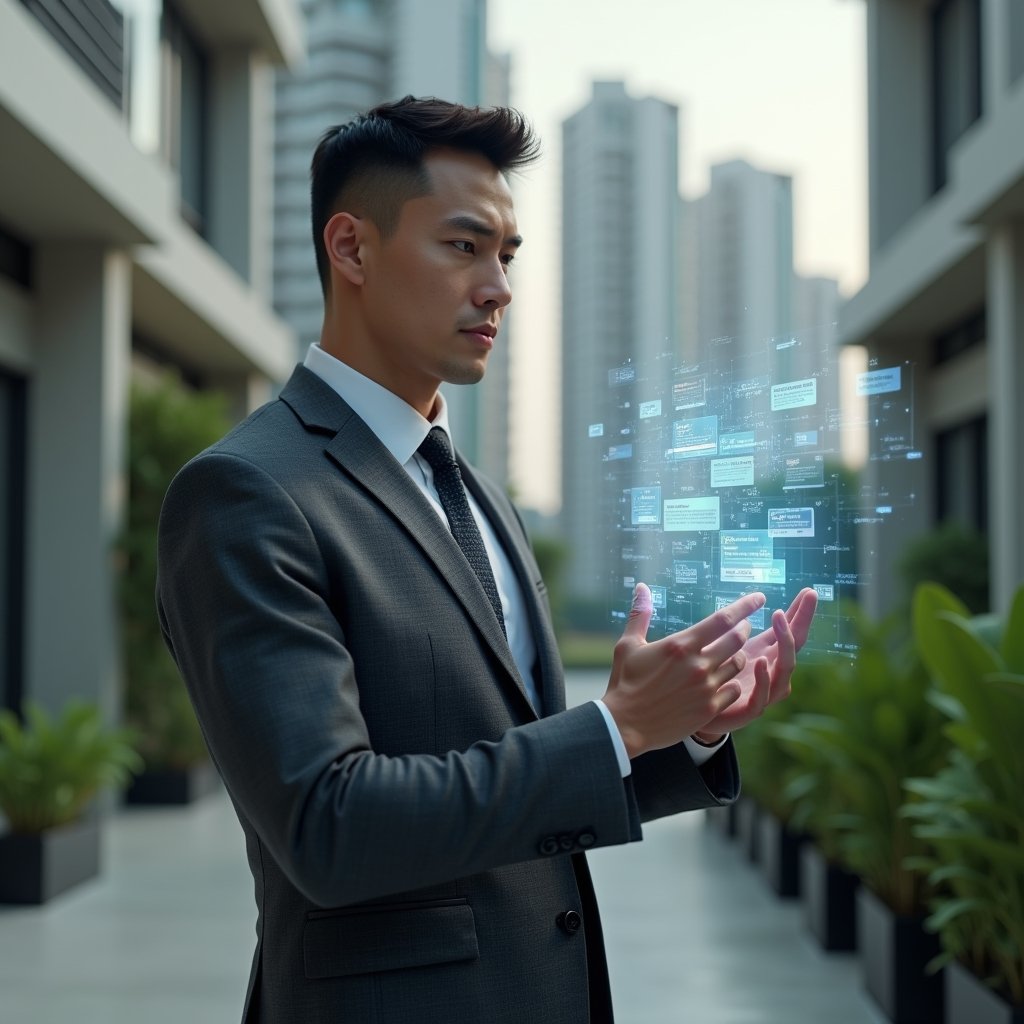 Ultra-realistic condominium manager in a dark gray executive suit, set in a modern luxury condominium environment with high-rise buildings and green landscaping, interacting with a holographic digital calendar schedule interface and floating task icons, confident and focused expression, cinematic lighting, shallow depth of field, highly detailed textures, realistic skin, photographic realism, 8k resolution --ar 1:1 --v 6