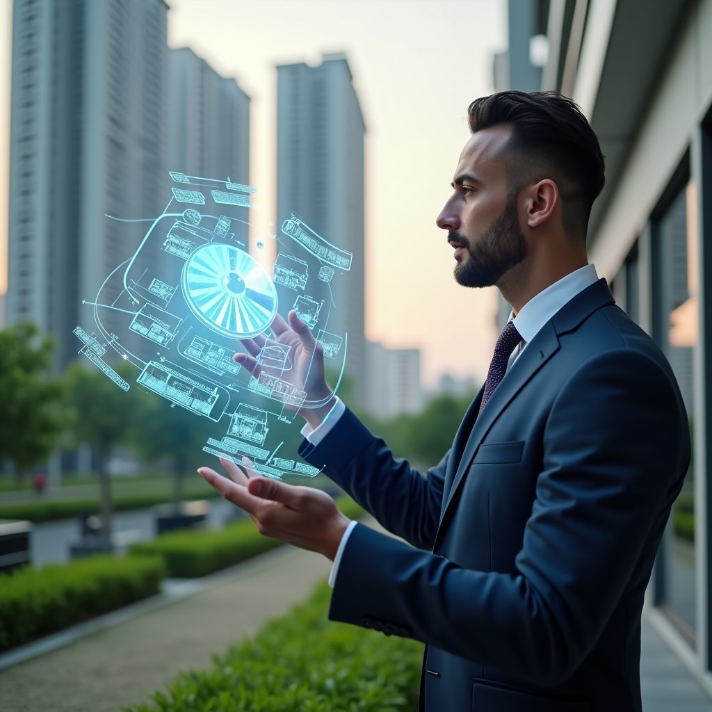 (Ultra-realistic condominium manager in a navy suit, set in a modern luxury condominium environment with high-rise buildings and manicured green landscaping, analyzing a holographic pie chart and 3D floor plan representing unit fractions, confident and focused expression, cinematic lighting, shallow depth of field, highly detailed textures, realistic skin, photographic realism, 8k resolution --ar 1:1 --v 6)