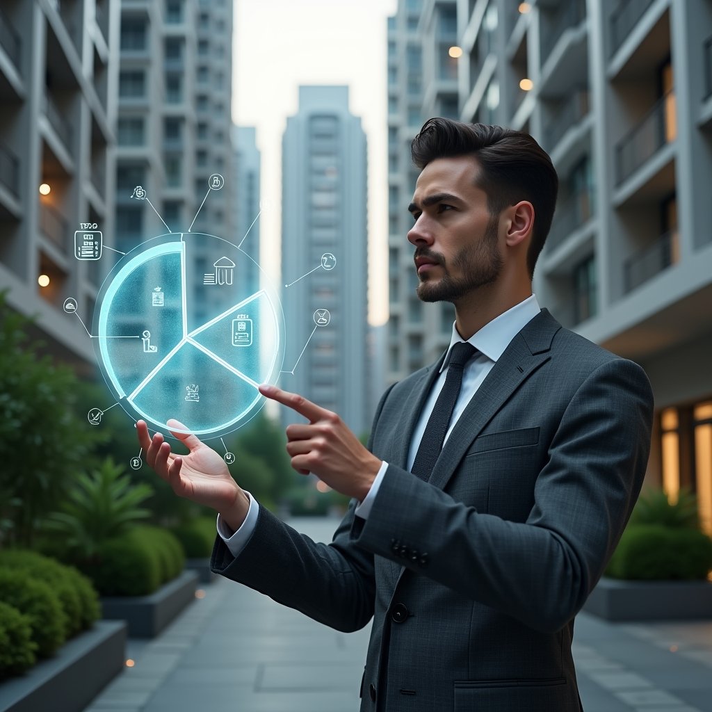 (Ultra-realistic condominium manager in a dark gray tailored suit, set in a modern luxury condominium environment with high-rise buildings and manicured green landscaping, holding and pointing at a glowing holographic pie chart that represents unit share fractions, displaying digital icons of buildings and calculator symbols, confident and analytical expression, cinematic lighting, shallow depth of field, highly detailed textures, realistic skin, photographic realism, 8k resolution --ar 1:1 --v 6)