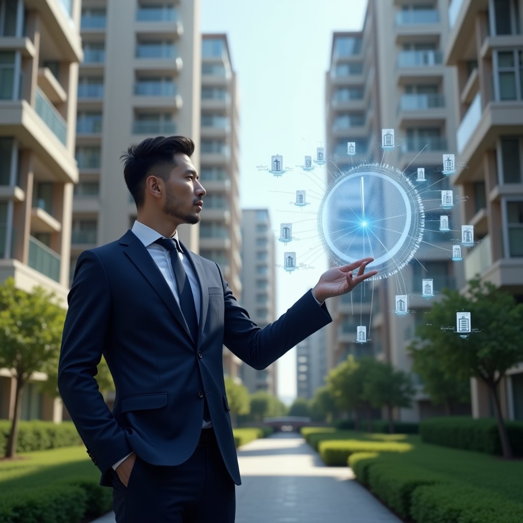 Ultra-realistic condominium manager in a navy suit, set in a modern luxury condominium environment with high-rise buildings and manicured green landscaping, standing in a medium shot and confidently pointing at a floating holographic pie chart displaying unit fractions and percentages, symbolic holographic icons of apartments and currency scales indicating fair cost division, cinematic lighting, shallow depth of field, highly detailed textures, realistic skin, photographic realism, 8k resolution --ar 1:1 --v 6