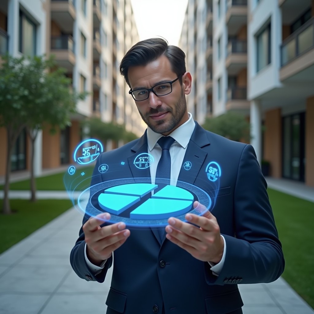 (Ultra-realistic condominium manager in a navy blue executive suit, set in a modern luxury condominium environment with high-rise buildings and manicured green landscaping, holding a holographic pie chart displaying fractional expense divisions, focused and confident expression, holographic icons of currency and percentages floating around, cinematic lighting, shallow depth of field, highly detailed textures, realistic skin, photographic realism, 8k resolution --ar 1:1 --v 6)