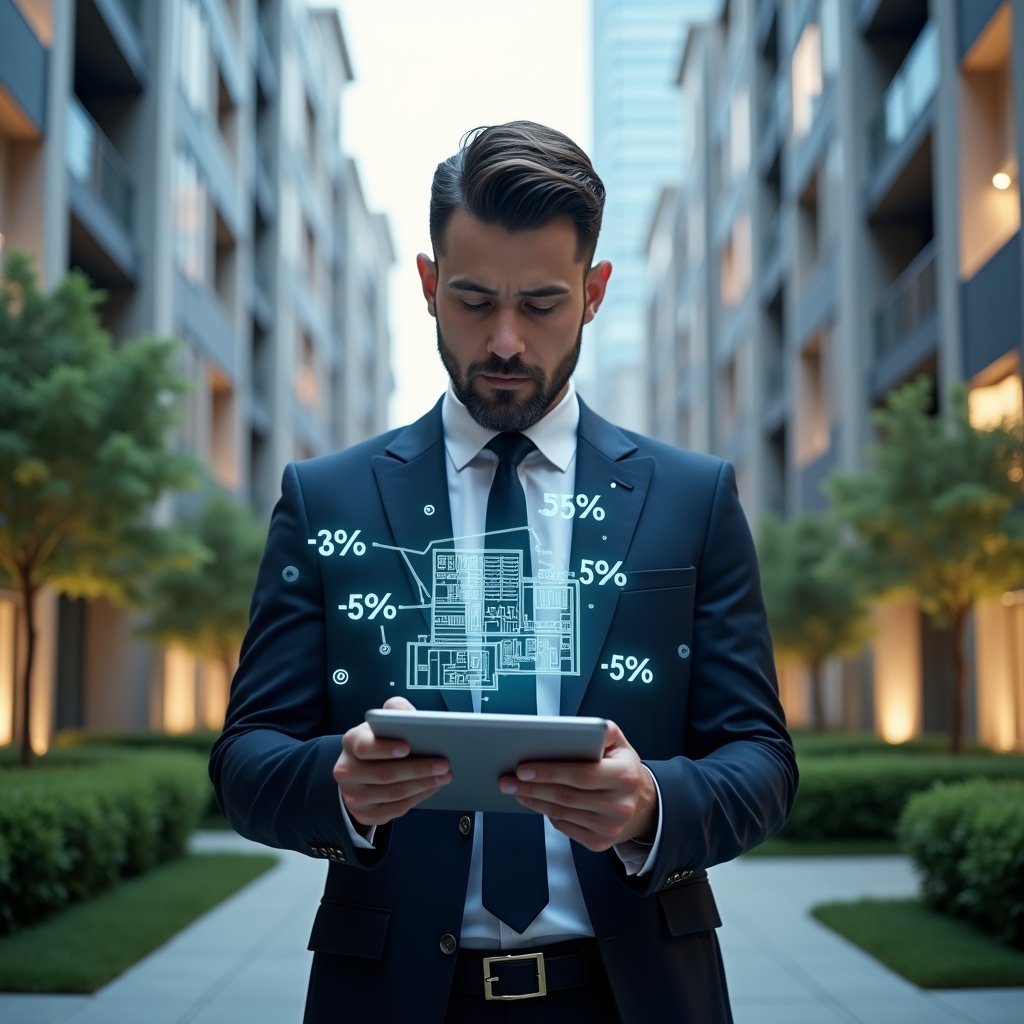 (Ultra-realistic condominium manager in a tailored navy suit, set in a modern luxury condominium environment with high-rise buildings and manicured green landscaping, analyzing a holographic floor plan displaying fractional percentages above a sleek tablet screen, confident and focused expression, holographic percentage icons and digital graphs floating around, cinematic lighting, shallow depth of field, highly detailed textures, realistic skin, photographic realism, 8k resolution --ar 1:1 --v 6)