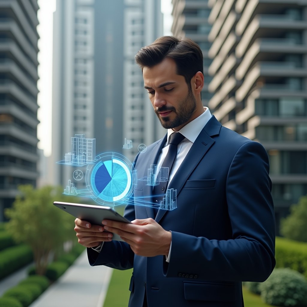 Ultra-realistic condominium manager in a navy blue suit, set in a modern luxury condominium environment with high-rise buildings and manicured green landscaping, medium shot of a confident professional analyzing a holographic pie chart above a sleek tablet illustrating unit fractions, holographic building blueprints and fraction icons floating around, cinematic lighting, shallow depth of field, highly detailed textures, realistic skin, photographic realism, 8k resolution --ar 1:1 --v 6
