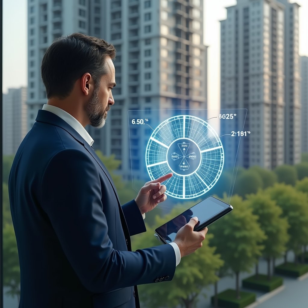 Ultra-realistic condominium manager in a navy blue tailored suit, set in a modern luxury condominium environment with high-rise buildings and manicured green landscaping, holding a tablet and pointing thoughtfully at a holographic pie-chart overlay showing unit fractions over a building blueprint, cinematic lighting, shallow depth of field, highly detailed textures, realistic skin, photographic realism, 8k resolution --ar 1:1 --v 6
