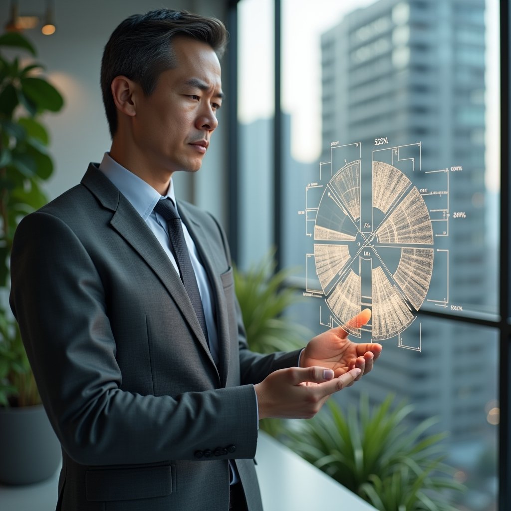 Ultra-realistic condominium manager in a charcoal gray executive suit, set in a modern luxury condominium environment with high-rise buildings and green landscaping, analyzing a holographic pie chart of unit areas and cost distribution, displaying a translucent 3D floor plan with highlighted fractions, focused and confident expression, cinematic lighting, shallow depth of field, highly detailed textures, realistic skin, photographic realism, 8k resolution --ar 1:1 --v 6