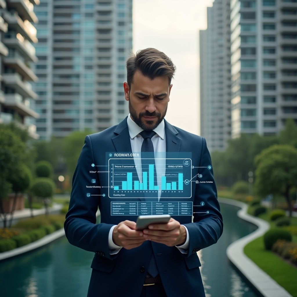 (Ultra-realistic professional condominium manager in a tailored navy suit, set in a modern luxury condominium environment with high-rise buildings and meticulously landscaped greenery, analyzing a floating holographic spreadsheet with highlighted ordinary and extraordinary expense charts, confident and focused expression, financial icons and data visuals subtly integrated, cinematic lighting, shallow depth of field, highly detailed textures, realistic skin, photographic realism, 8k resolution --ar 1:1 --v 6)