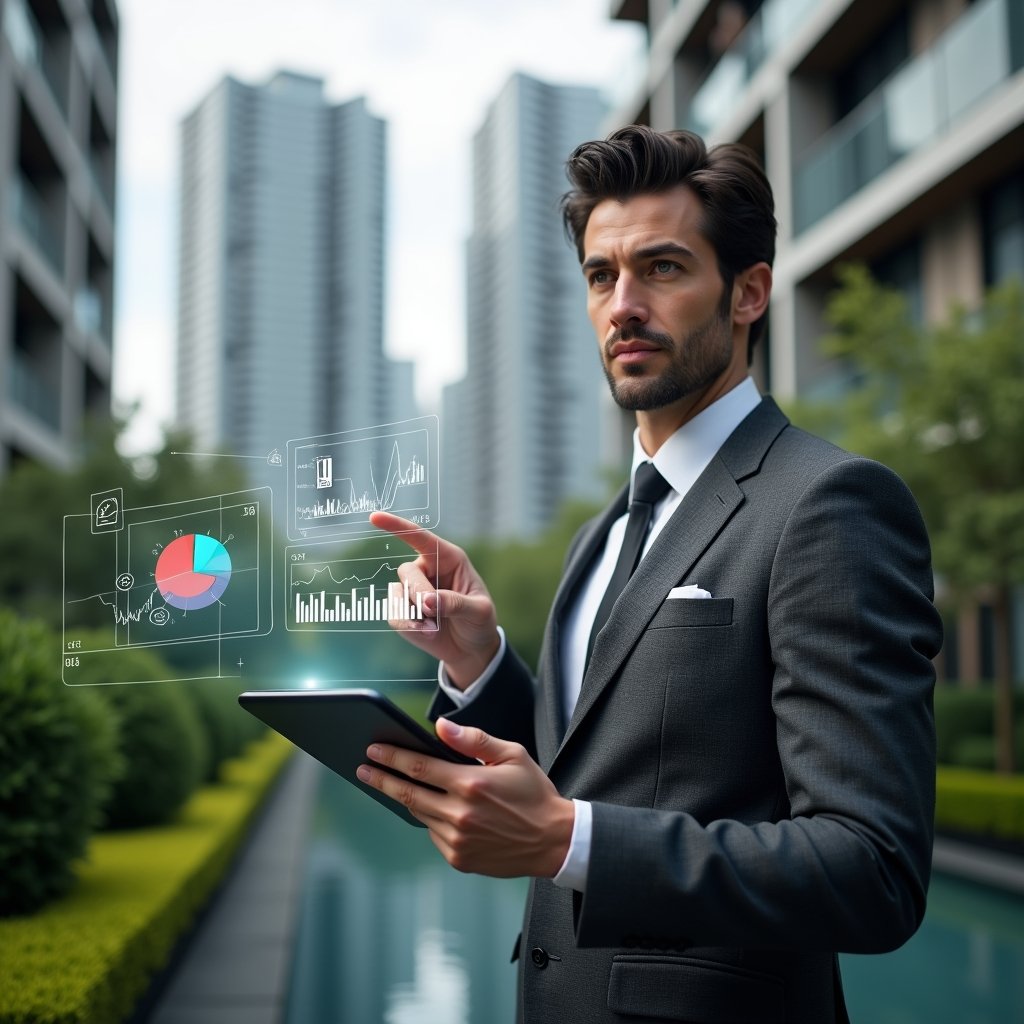 (Ultra-realistic condominium manager in a charcoal gray suit, set in a modern luxury condominium environment with high-rise buildings and manicured greenery, holding a tablet displaying financial graphs while pointing at a floating holographic pie chart and currency icons, confident and focused expression, cinematic lighting, shallow depth of field, highly detailed textures, realistic skin, photographic realism, 8k resolution --ar 1:1 --v 6)