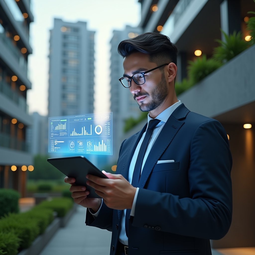 Ultra-realistic condominium manager in a navy executive suit, set in a modern luxury condominium environment with high-rise buildings and meticulously landscaped greenery, confidently reviewing a holographic financial dashboard projected from a tablet—showing categorized expense charts and automated report icons—cinematic lighting, shallow depth of field, highly detailed textures, realistic skin, photographic realism, 8k resolution --ar 1:1 --v 6