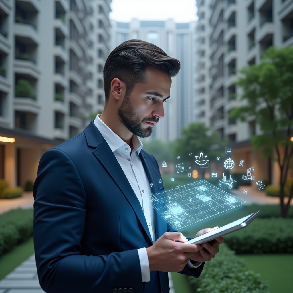 Ultra-realistic condominium manager in a navy blue suit, set in a modern luxury condominium environment with high-rise buildings and meticulously landscaped gardens, reviewing a holographic calendar projected from a sleek tablet with a focused and confident expression, floating schedule icons and timeline markers symbolizing efficient task planning, cinematic lighting, shallow depth of field, highly detailed textures, realistic skin, photographic realism, 8k resolution --ar 1:1 --v 6