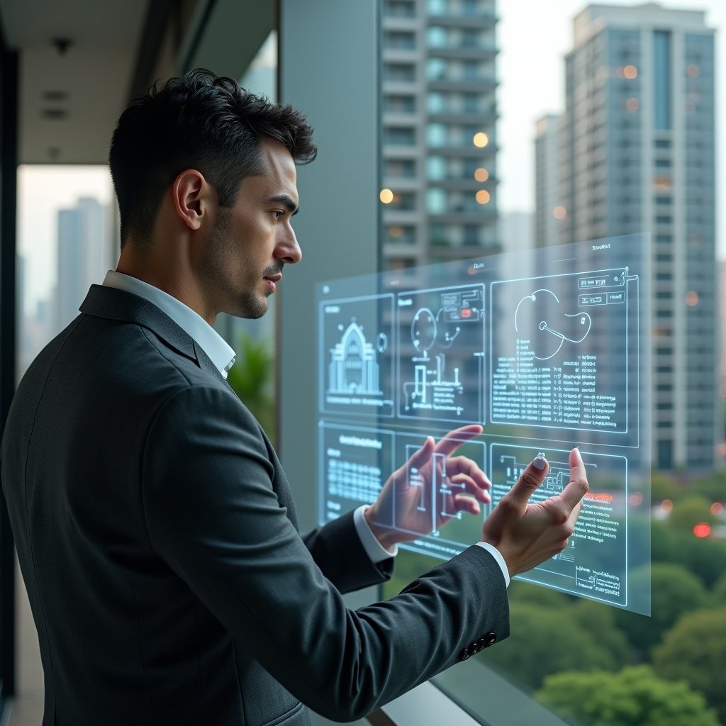 Ultra-realistic condominium manager in a charcoal gray suit, set in a modern luxury condominium environment with high-rise buildings and green landscaping, analyzing a holographic dashboard with icons of invoices and repair tools split into ordinary vs extraordinary expenses, confident and focused expression, cinematic lighting, shallow depth of field, highly detailed textures, realistic skin, photographic realism, 8k resolution --ar 1:1 --v 6