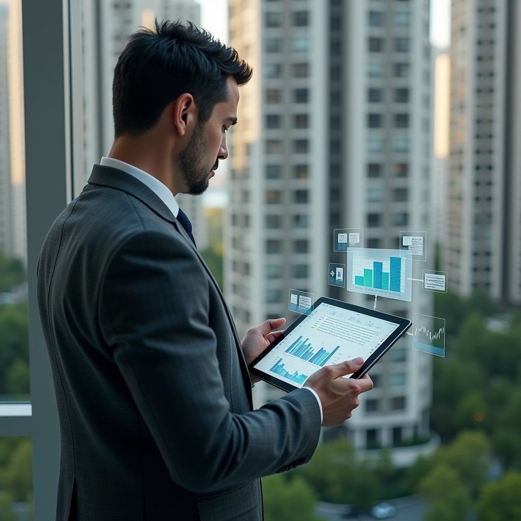 Ultra-realistic condominium manager in a charcoal grey suit, set in a modern luxury condominium environment with high-rise buildings and green landscaping, holding a tablet displaying holographic financial charts, reviewing transparent accounting reports with a confident and focused expression, subtle floating icons of graphs and spreadsheets around the device, cinematic lighting, shallow depth of field, highly detailed textures, realistic skin, photographic realism, 8k resolution --ar 1:1 --v 6
