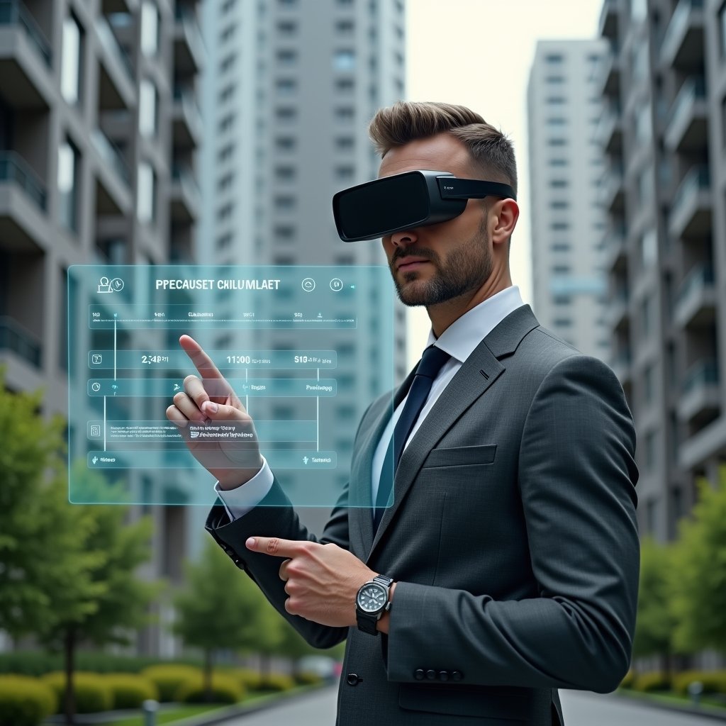 Ultra-realistic condominium manager in a charcoal gray suit, set in a modern luxury condominium environment with high-rise buildings and manicured green landscaping, holding and pointing at a holographic calendar displaying tasks and timelines, floating icons of checkmarks and notifications symbolizing organized activities, confident and focused expression, cinematic lighting, shallow depth of field, highly detailed textures, realistic skin, photographic realism, 8k resolution --ar 1:1