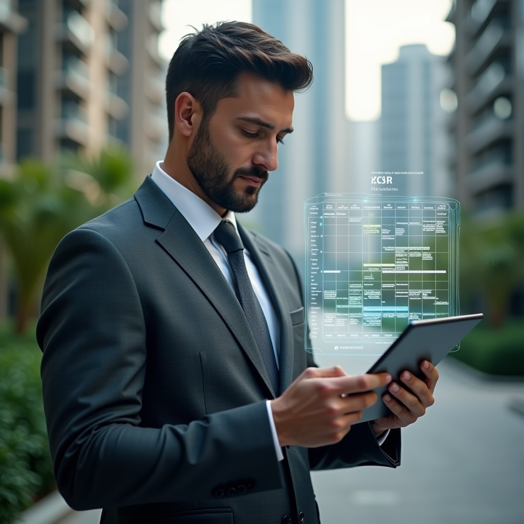 (Ultra-realistic condominium manager in a tailored dark gray suit, set in a modern luxury condominium environment with high-rise buildings and lush green landscaping, examining a glowing holographic schedule calendar with one hand while holding a digital tablet in the other, holographic timeline elements floating around, focused and confident expression, cinematic lighting, shallow depth of field, highly detailed textures, realistic skin, photographic realism, 8k resolution --ar 1:1 --v 6)