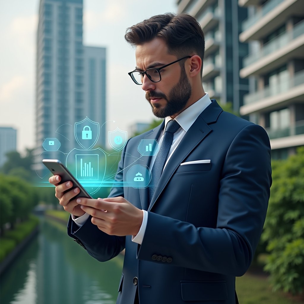 (Ultra-realistic condominium manager in a dark blue executive suit, set in a modern luxury condominium environment with high-rise buildings and lush green landscaping, examining a holographic app interface displaying security shield, financial chart and chat support icons floating around, confident and focused expression, cinematic lighting, shallow depth of field, highly detailed textures, realistic skin, photographic realism, 8k resolution --ar 1:1 --v 6)