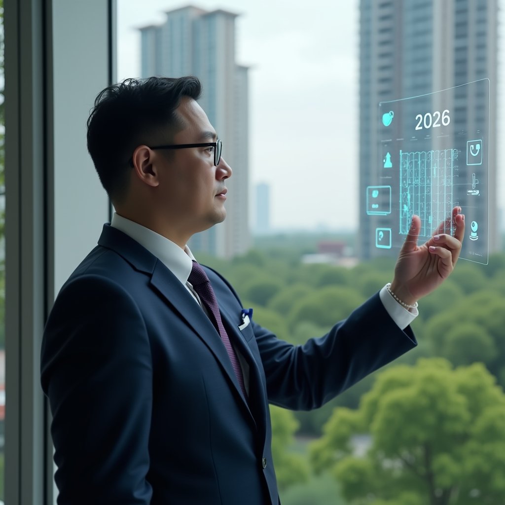 (Ultra-realistic condominium manager in a navy tailored suit, set in a modern luxury condominium environment with high-rise buildings and meticulously landscaped greenery, examining a translucent holographic dashboard of financial charts and communication icons, confidently pointing at a floating app icon labeled “2026”, cinematic lighting, shallow depth of field, highly detailed textures, realistic skin, photographic realism, 8k resolution --ar 1:1 --v 6)