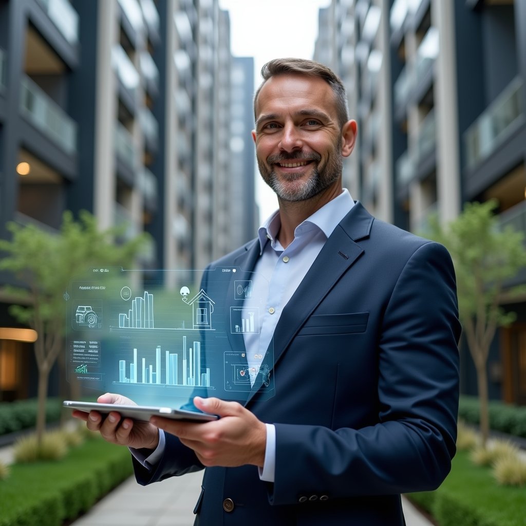 (Ultra-realistic property manager in a tailored navy blue suit, set in a modern luxury condominium environment with high-rise buildings and manicured green landscaping, holding a transparent tablet that projects holographic app interfaces and comparative charts, confidently analyzing cost-benefit graphs and support icons, cinematic lighting, shallow depth of field, highly detailed textures, realistic skin, photographic realism, 8k resolution --ar 1:1 --v 6)