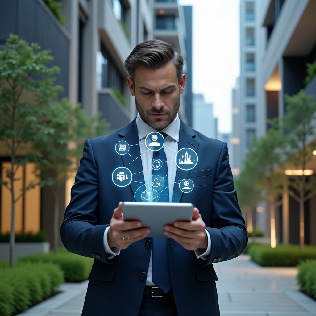 (Ultra-realistic condominium manager in a tailored navy suit, set in a modern luxury condominium environment with high-rise buildings and manicured green landscaping, holding a sleek tablet displaying a holographic condominium management app interface, confidently analyzing floating icons of finances, bookings and resident communications, cinematic lighting, shallow depth of field, highly detailed textures, realistic skin, photographic realism, 8k resolution --ar 1:1 --v 6)