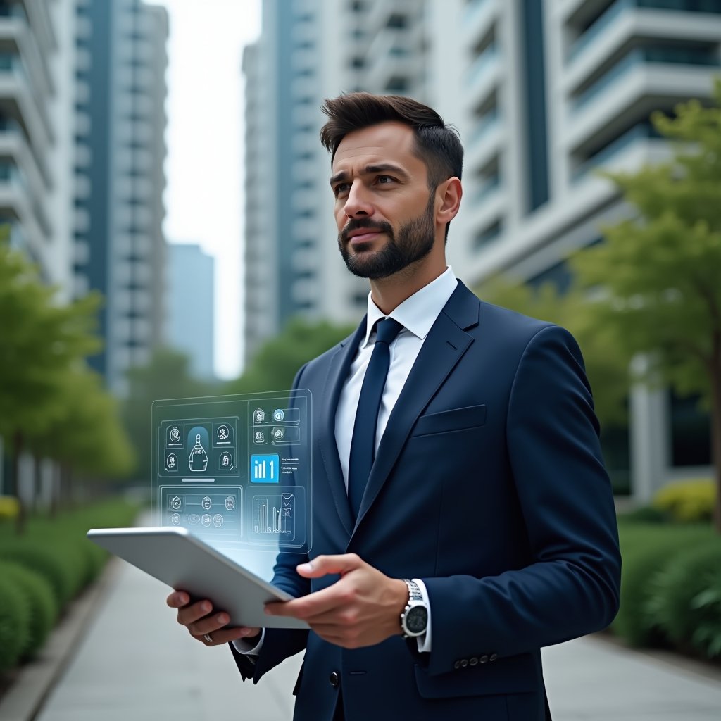 (Ultra-realistic condo manager in a navy executive suit, set in a modern luxury condominium environment with high-rise buildings and lush green landscaping, holding a tablet displaying holographic app icons and an interactive management dashboard, confident and thoughtful expression, cinematic lighting, shallow depth of field, highly detailed textures, realistic skin, photographic realism, 8k resolution --ar 1:1 --v 6)