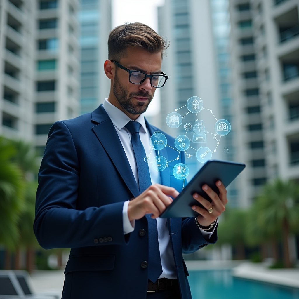 Ultra-realistic condominium manager in a navy blue suit, set in a modern luxury condominium environment with high-rise buildings and green landscaping, holding a tablet displaying holographic condominium management app icons, examining features with a confident and focused expression, futuristic holographic interface elements floating around, cinematic lighting, shallow depth of field, highly detailed textures, realistic skin, photographic realism, 8k resolution --ar 1:1 --v 6