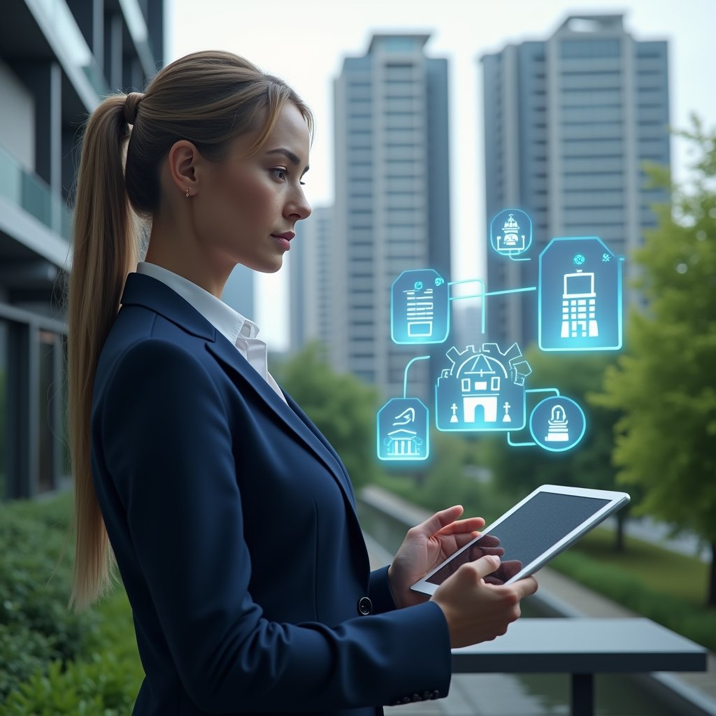 (Ultra-realistic property manager in a dark blue executive suit, set in a modern luxury condominium environment with high-rise buildings and lush green landscaping, holding a tablet and analyzing floating holographic app icons representing condominium management, confident and focused expression, cinematic lighting, shallow depth of field, highly detailed textures, realistic skin, photographic realism, 8k resolution --ar 1:1 --v 6)