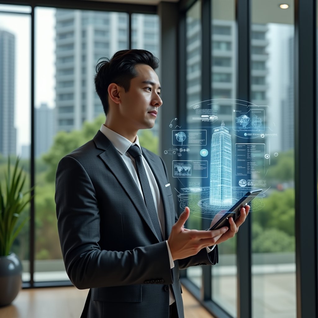 Ultra-realistic condominium manager in a dark gray tailored suit, set in a modern luxury condominium lobby with high-rise buildings and manicured green landscaping visible through glass walls, confidently examining a floating holographic app interface displaying building metrics and financial charts, subtle icons of reservations and security cameras orbiting the display, cinematic lighting, shallow depth of field, highly detailed textures, realistic skin, photographic realism, 8k resolution --ar 1:1 --v 6