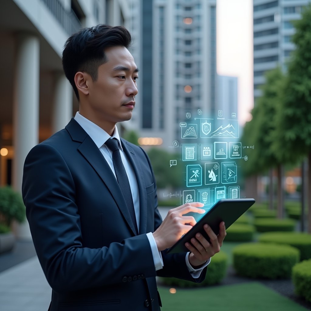 Ultra-realistic condominium manager in a navy suit, set in a modern luxury condominium environment with high-rise buildings and manicured green landscaping, holding a digital tablet displaying holographic icons for communication, monitoring, and financial reports, confidently analyzing the interface, cinematic lighting, shallow depth of field, highly detailed textures, realistic skin, photographic realism, 8k resolution --ar 1:1 --v 6