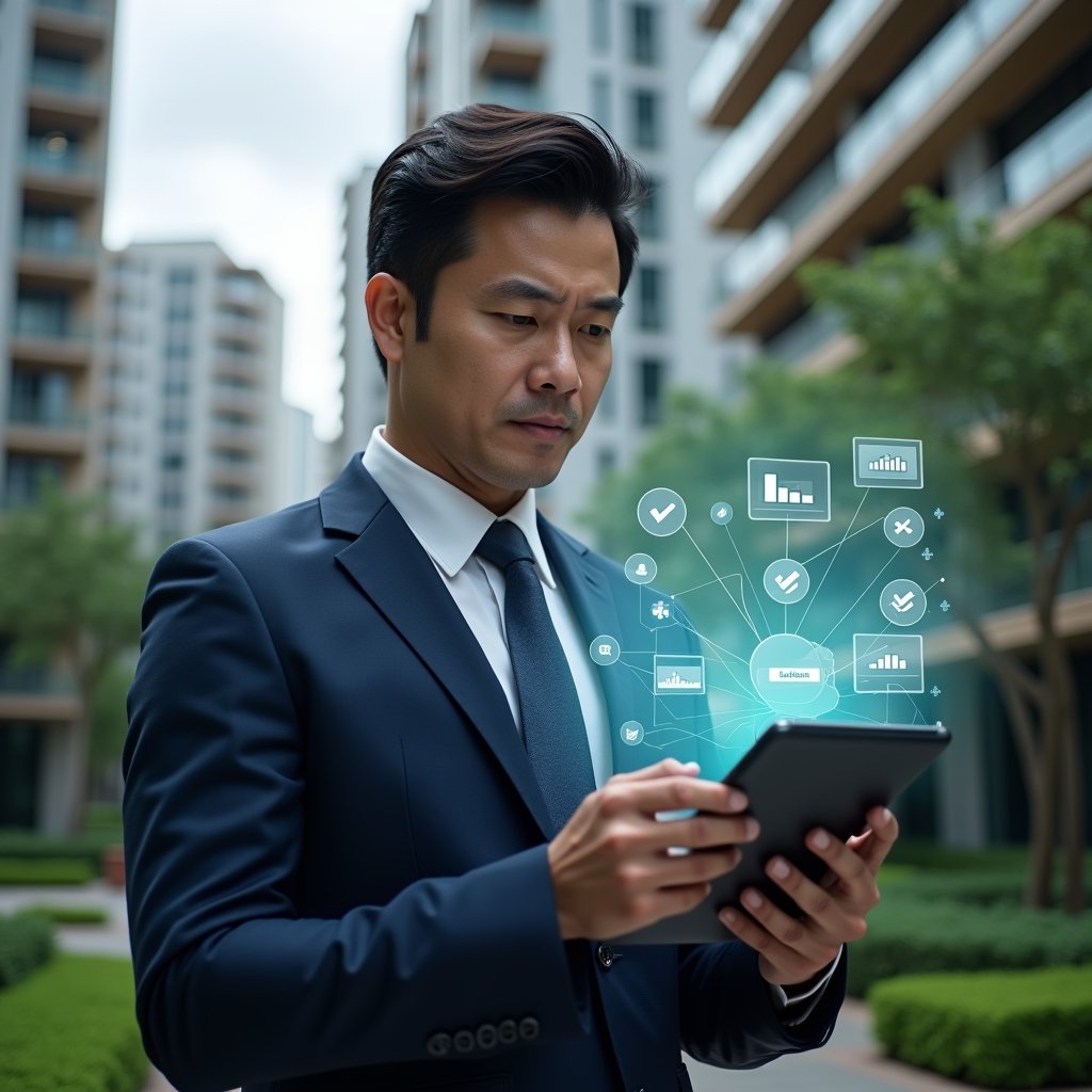 Ultra-realistic condominium manager in a tailored navy suit, set in a modern luxury condominium environment with high-rise buildings and lush green landscaping, holding a tablet projecting a holographic condominium management app interface, studying floating icons of charts and checkmarks with a confident, focused expression, cinematic lighting, shallow depth of field, highly detailed textures, realistic skin, photographic realism, 8k resolution --ar 1:1 --v 6