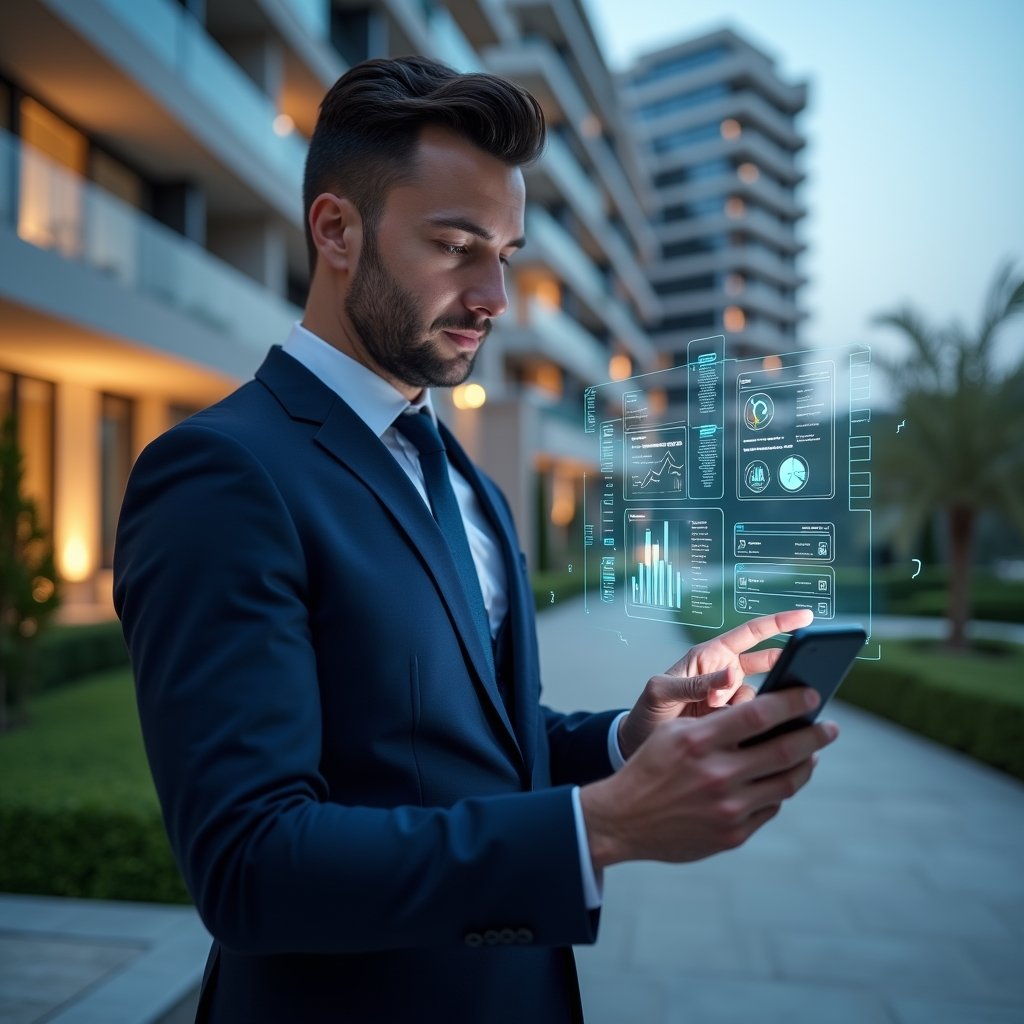 Ultra-realistic condominium property manager in a tailored dark blue suit, set in a modern luxury condominium environment with high-rise buildings and manicured green landscaping, close-up of a confident professional analyzing a holographic condo management app dashboard projected from a smartphone held in hand, pointing at glowing interface icons, cinematic lighting, shallow depth of field, highly detailed textures, realistic skin, photographic realism, 8k resolution --ar 1:1 --v 6