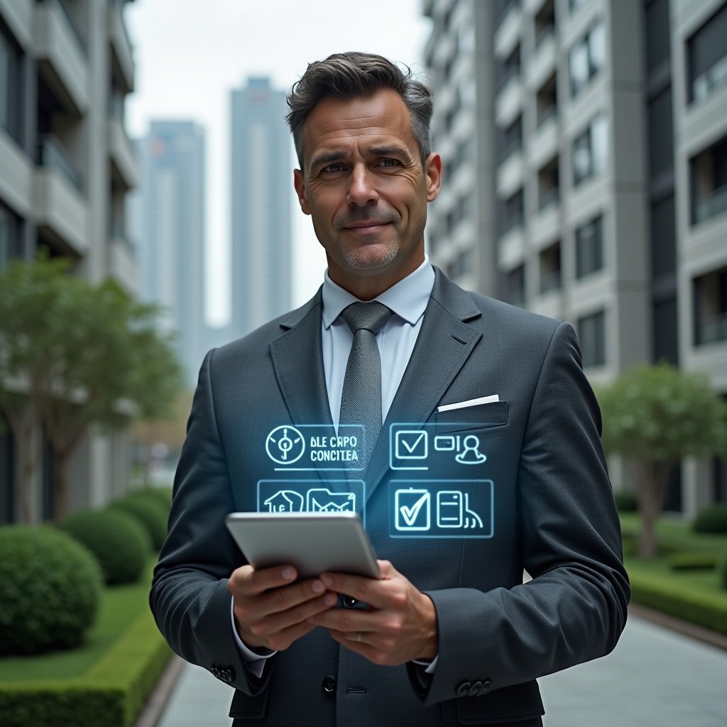 (Ultra-realistic condominium manager in a tailored dark gray suit, set in a modern luxury condominium environment with high-rise buildings and manicured green landscaping, holding a digital tablet and examining holographic checklists and charts symbolizing error prevention and process optimization, confident and focused expression, cinematic lighting, shallow depth of field, highly detailed textures, realistic skin, photographic realism, 8k resolution --ar 1:1 --v 6)
