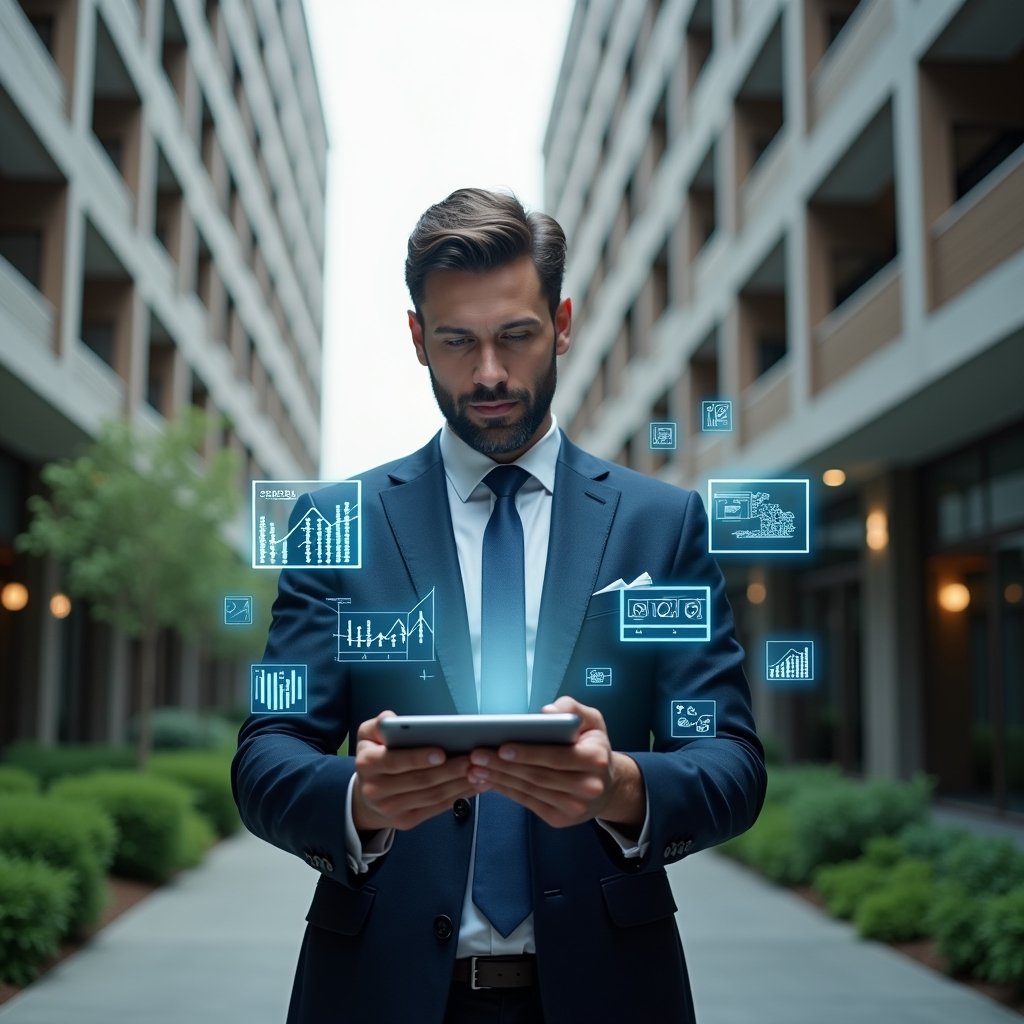 (Ultra-realistic condominium manager in a tailored navy suit, set in a modern luxury condominium environment with high-rise buildings and manicured green landscaping, reviewing holographic financial charts projected from a tablet with a confident, focused expression, floating icons of bar graphs and spreadsheets surrounding them, cinematic lighting, shallow depth of field, highly detailed textures, realistic skin, photographic realism, 8k resolution --ar 1:1 --v 6)