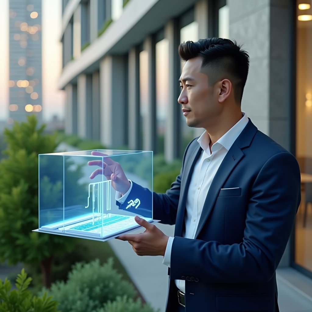 Ultra-realistic condominium manager in a navy blue suit, set in a modern luxury condominium environment with high-rise buildings and lush green landscaping, medium shot of a thoughtful manager pointing at a holographic 3D model of a ramp and elevator layout, translucent wheelchair accessibility icon floating beside them, cinematic lighting, shallow depth of field, highly detailed textures, realistic skin, photographic realism, 8k resolution --ar 1:1 --v 6