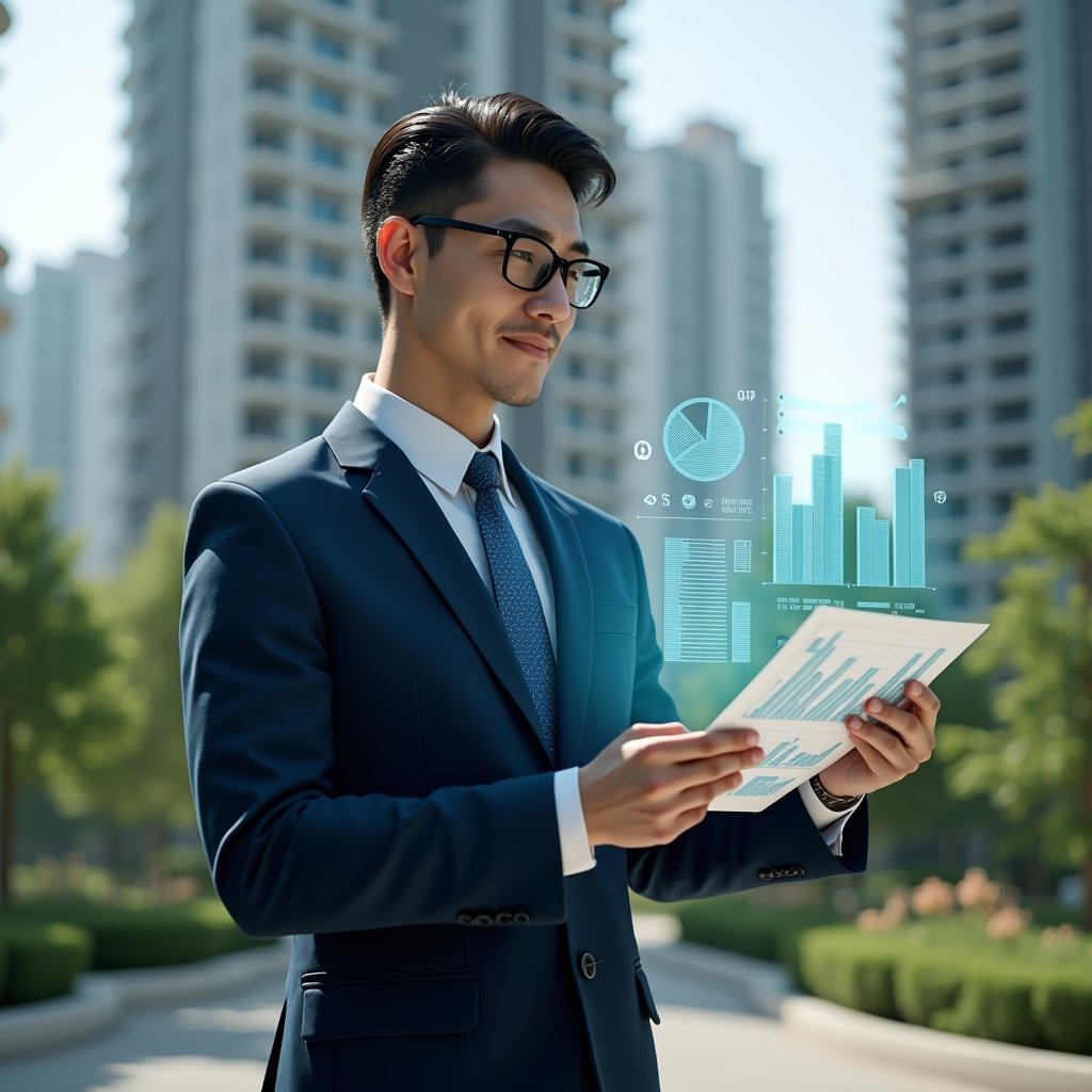 Ultra-realistic condominium manager in a navy executive suit, set in a modern luxury condominium environment with high-rise buildings and lush green landscaping, confidently examining a holographic financial report with clear charts and ledgers floating around, cinematic lighting, shallow depth of field, highly detailed textures, realistic skin, photographic realism, 8k resolution --ar 1:1 --v 6