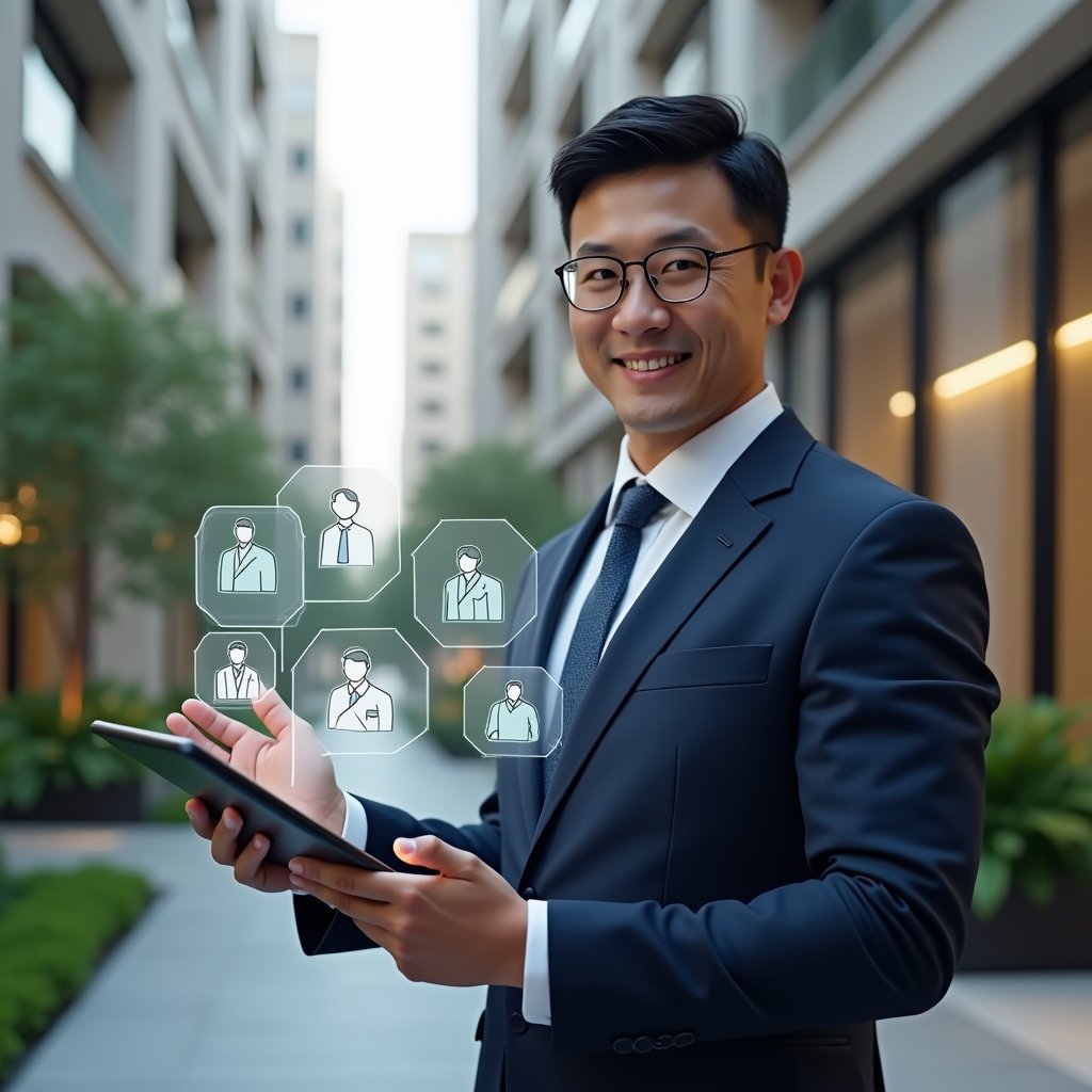 Ultra-realistic property manager in a navy suit, set in a modern luxury condominium environment with high-rise buildings and manicured gardens, holding a tablet displaying holographic community chat bubbles and apartment icons, interacting with a virtual interface that connects resident avatars, conveying a confident and welcoming expression, cinematic lighting, shallow depth of field, highly detailed textures, realistic skin, photographic realism, 8k resolution --ar 1:1 --v 6