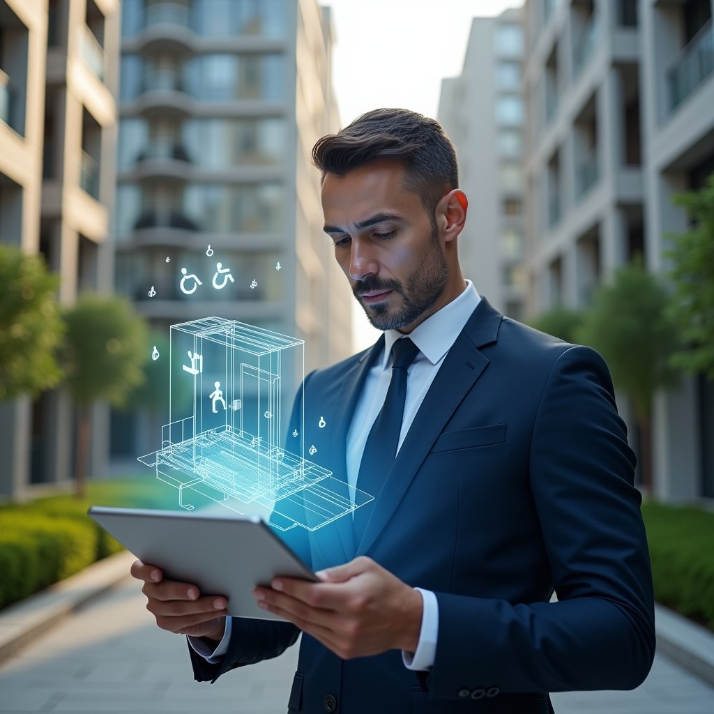 (Ultra-realistic condominium manager in a tailored navy blue suit, set in a modern luxury condominium environment with high-rise buildings and manicured green landscaping, inspecting a holographic 3D ramp and elevator accessibility plan projected from a tablet, thoughtful and confident expression, accessibility icons floating around, cinematic lighting, shallow depth of field, highly detailed textures, realistic skin, photographic realism, 8k resolution --ar 1:1 --v 6)