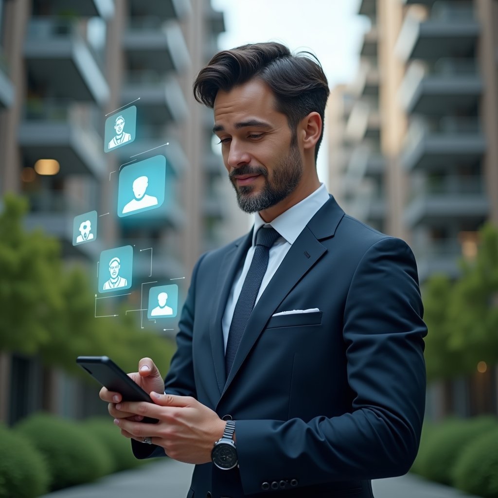 (Ultra-realistic condominium manager in a tailored navy suit, set in a modern luxury condominium environment with high-rise buildings and lush green landscaping, standing in a medium close-up holding a smartphone while interacting with holographic chat bubbles and an online meeting icon, confident and focused expression, symbolic floating message and notification icons, cinematic lighting, shallow depth of field, highly detailed textures, realistic skin, photographic realism, 8k resolution --ar 1:1 --v 6)
