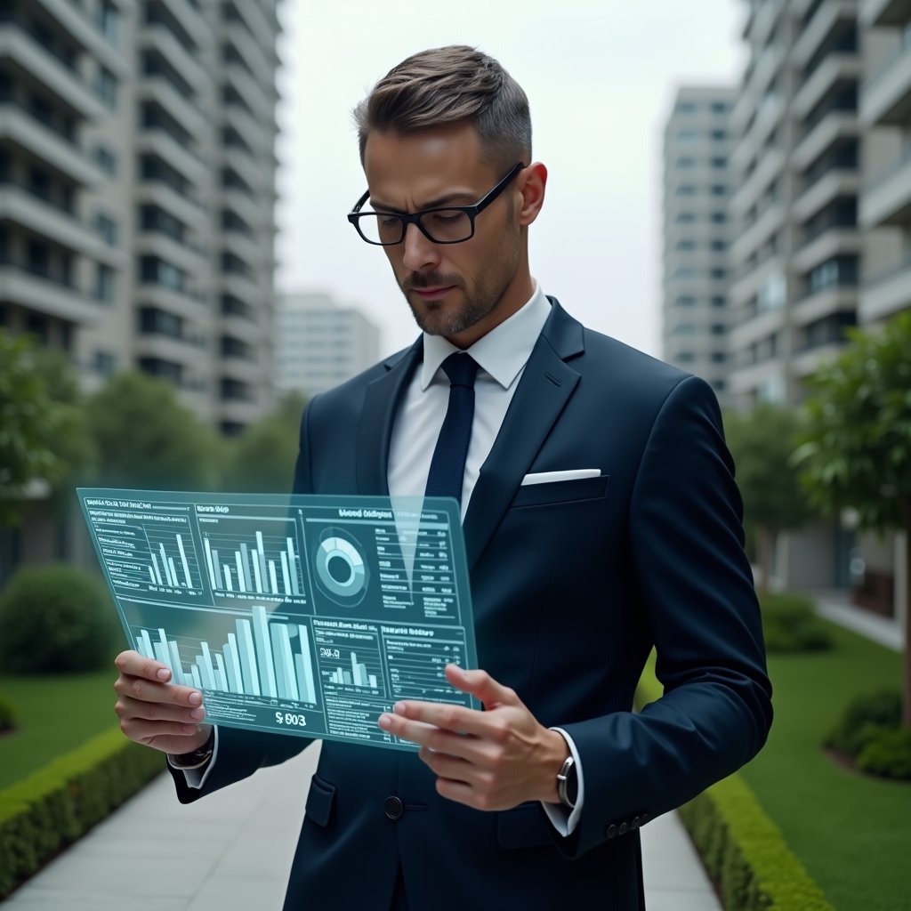 Ultra-realistic condominium manager in a dark navy executive suit, set in a modern luxury condominium environment with high-rise buildings and manicured green landscaping, holding and examining a transparent holographic financial report with charts and graphs, confident and focused expression, cinematic lighting, shallow depth of field, highly detailed textures, realistic skin, photographic realism, 8k resolution --ar 1:1 --v 6