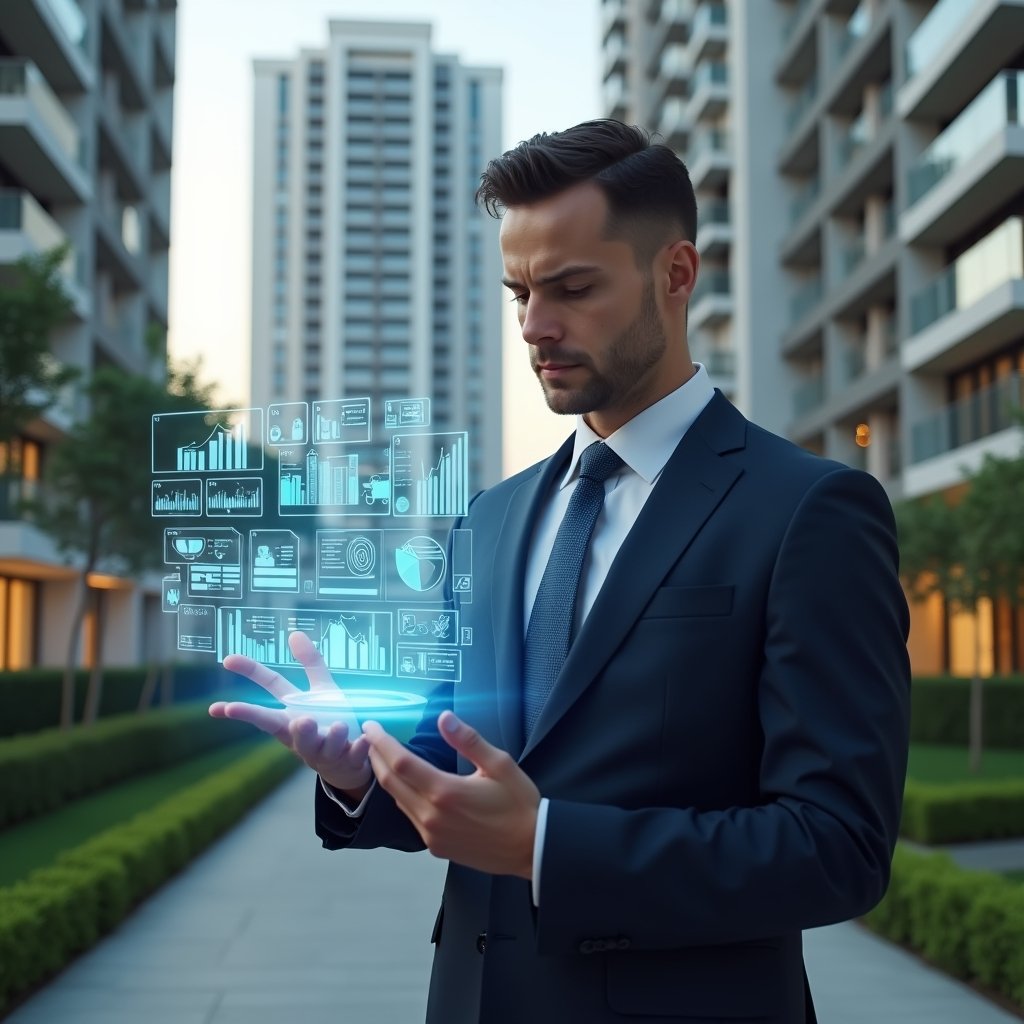 Ultra-realistic condo manager in a tailored navy suit, set in a modern luxury condominium environment with high-rise buildings and manicured green landscaping, reviewing a floating holographic financial report with organized document icons and bar-chart overlays, focused and confident expression, cinematic lighting, shallow depth of field, highly detailed textures, realistic skin, photographic realism, 8k resolution --ar 1:1 --v 6