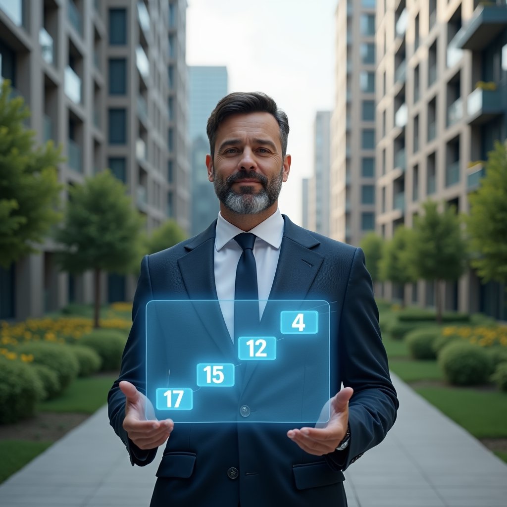 (Ultra-realistic condominium manager in a tailored navy suit, set in a modern luxury condominium environment with high-rise buildings and manicured green landscaping, confidently interacting with a floating holographic calendar displaying four numbered steps, cinematic lighting, shallow depth of field, highly detailed textures, realistic skin, photographic realism, 8k resolution --ar 1:1 --v 6)