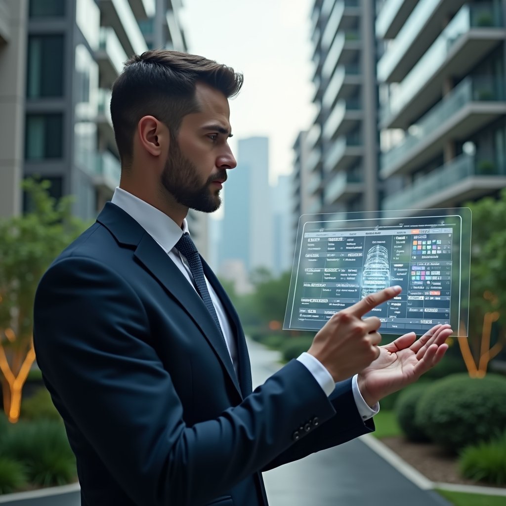 Ultra-realistic condominium manager in a tailored navy suit, set in a modern luxury condominium environment with high-rise buildings and meticulously landscaped gardens, reviewing a floating holographic calendar and timeline, pointing thoughtfully at highlighted task icons, cinematic lighting, shallow depth of field, highly detailed textures, realistic skin, photographic realism, 8k resolution --ar 1:1 --v 6