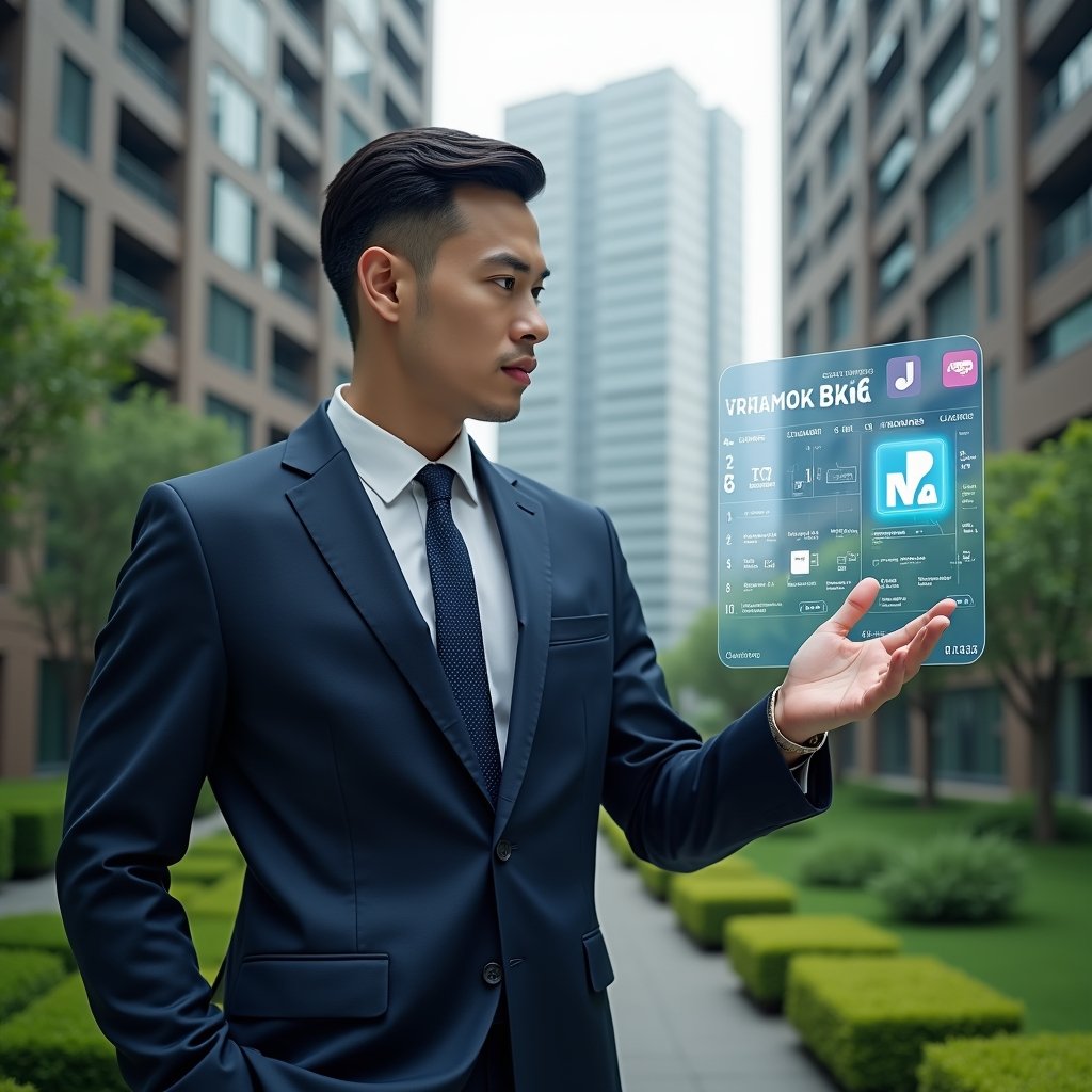 Ultra-realistic condominium manager in a tailored navy suit, set in a modern luxury condominium environment with high-rise buildings and manicured green gardens, examining a holographic calendar interface with icons for cleaning, maintenance, and assembly planning, confident and focused expression, cinematic lighting, shallow depth of field, highly detailed textures, realistic skin, photographic realism, 8k resolution --ar 1:1 --v 6