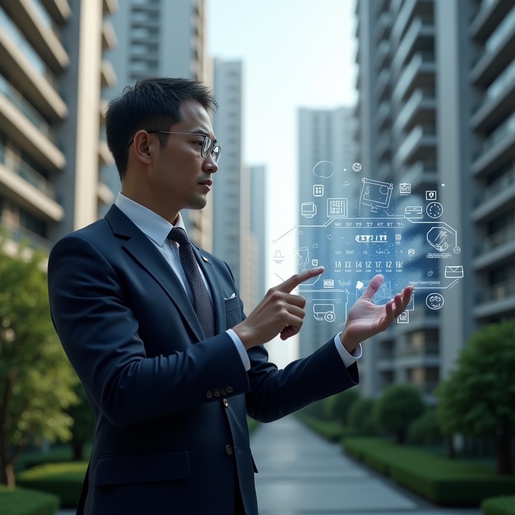 Ultra-realistic condominium manager in a navy suit, set in a modern luxury condominium environment with high-rise buildings and well-kept green landscaping, confidently pointing at a holographic calendar schedule floating before them, with maintenance tool and assembly icons orbiting the display, cinematic lighting, shallow depth of field, highly detailed textures, realistic skin, photographic realism, 8k resolution --ar 1:1 --v 6