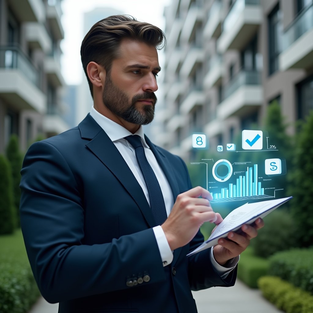 (Ultra-realistic condominium manager in a tailored navy suit, set in a modern luxury condominium environment with high-rise buildings and manicured green landscaping, reviewing a holographic financial report with floating bar and pie charts, confident and focused expression, symbolic icons of invoices and check marks hovering nearby, cinematic lighting, shallow depth of field, highly detailed textures, realistic skin, photographic realism, 8k resolution --ar 1:1 --v 6)