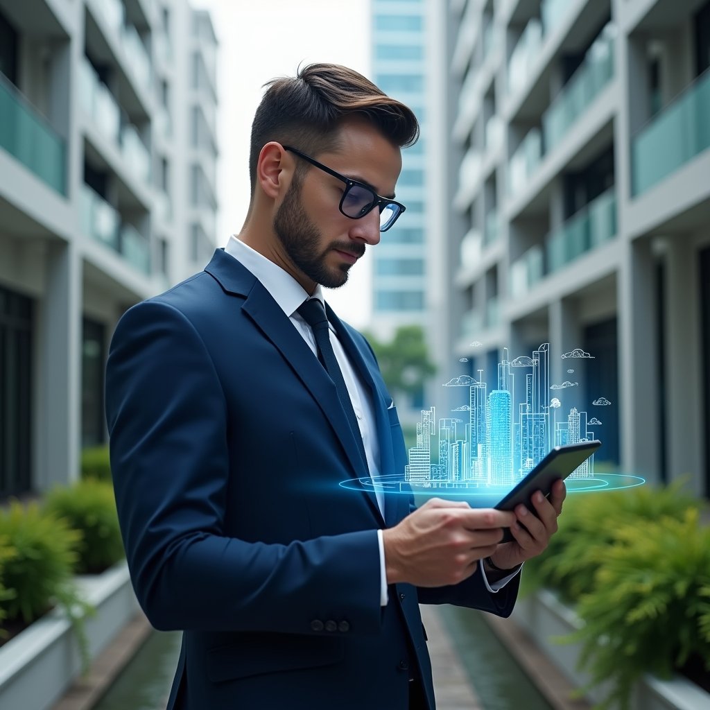 Ultra-realistic condominium manager in a navy blue executive suit, set in a modern luxury condominium environment with high-rise buildings and manicured green landscaping, holding a digital tablet displaying holographic graphs and building icons, confidently reviewing data, futuristic holographic interface elements floating around, cinematic lighting, shallow depth of field, highly detailed textures, realistic skin, photographic realism, 8k resolution --ar 1:1 --v 6
