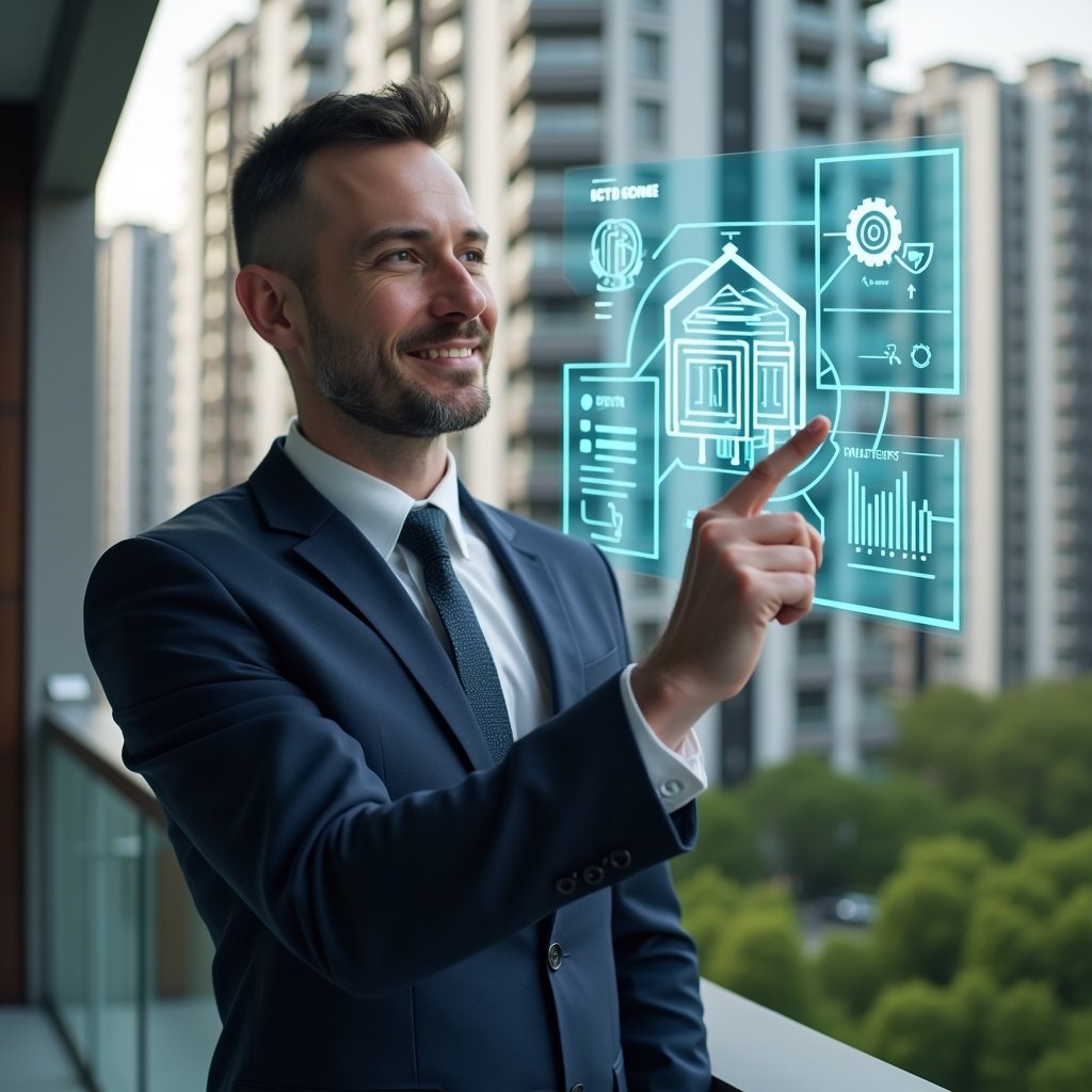 (Ultra-realistic condominium manager in a tailored navy suit, set in a modern luxury condominium environment with high-rise buildings and green landscaping, confidently pointing at a floating holographic dashboard displaying charts and checklists, symbolic icons of a building and a gear, cinematic lighting, shallow depth of field, highly detailed textures, realistic skin, photographic realism, 8k resolution --ar 1:1 --v 6)
