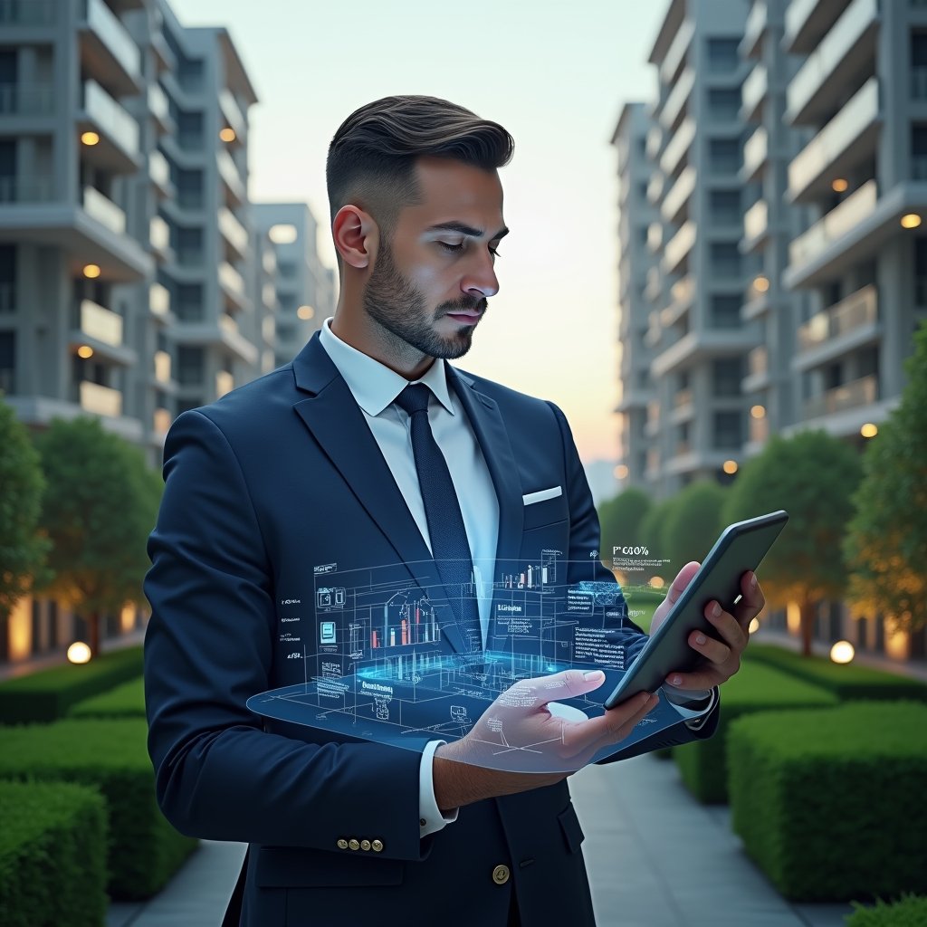 (Ultra-realistic property manager in a navy suit, set in a modern luxury condominium environment with high-rise buildings and manicured green landscaping, analyzing holographic financial reports projected above a digital tablet, surrounded by floating icons of documents and charts, confident and focused expression, cinematic lighting, shallow depth of field, highly detailed textures, realistic skin, photographic realism, 8k resolution --ar 1:1 --v 6)