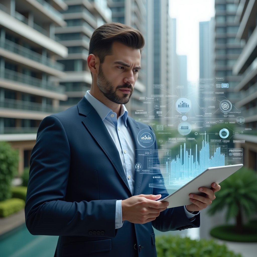 (Ultra-realistic condo manager in a tailored navy suit, set in a modern luxury condominium environment with high-rise buildings and pristine green landscaping, medium shot of a confident professional analyzing a floating holographic financial report, ethereal charts and transparency icons orbiting around, cinematic lighting, shallow depth of field, highly detailed textures, realistic skin, photographic realism, 8k resolution --ar 1:1 --v 6)