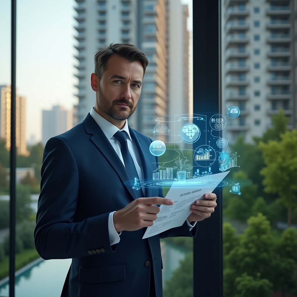 (Ultra-realistic condominium manager in a navy blue tailored suit, set in a modern luxury condominium environment with high-rise buildings and lush green landscaping, holding a transparent holographic financial report and confidently pointing at detailed charts, holographic icons of pie charts and bar graphs floating around, cinematic lighting, shallow depth of field, highly detailed textures, realistic skin, photographic realism, 8k resolution --ar 1:1 --v 6)